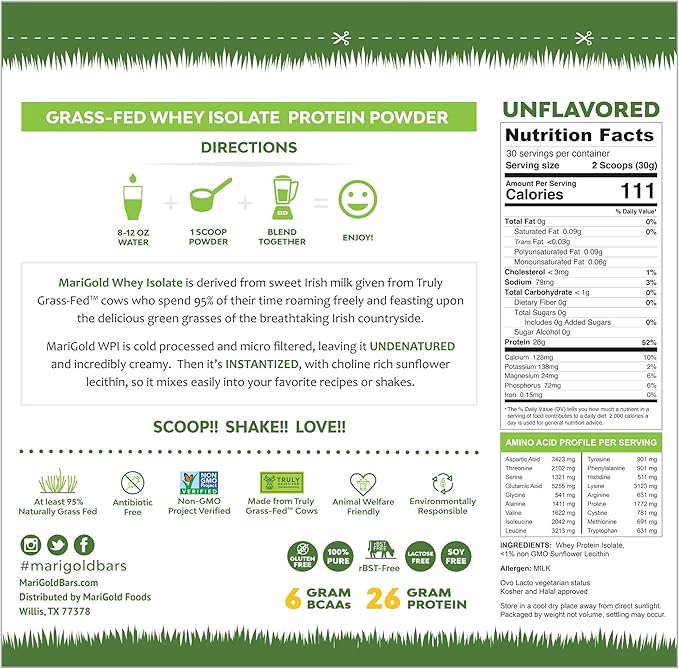 MariGold Grassfed Whey Isolate Protein Powder - Unflavored 2LB - Muscle Building &amp Recovery - 100% Pure Cold Processed Micro Filtered Non-GMO rBGH Free Soy Free Gluten Free Lactose Free