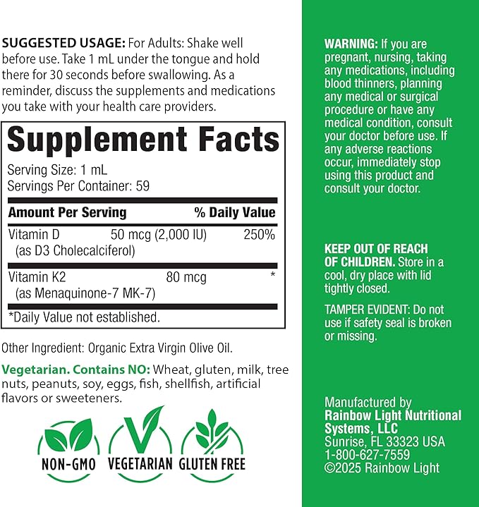 Rainbow Light Vitamin D3 + K2 as MK7 | 2 Fl Oz | 2000IU Vitamin D | High Potency Formula | Vegetarian Non-GMO Gluten Free