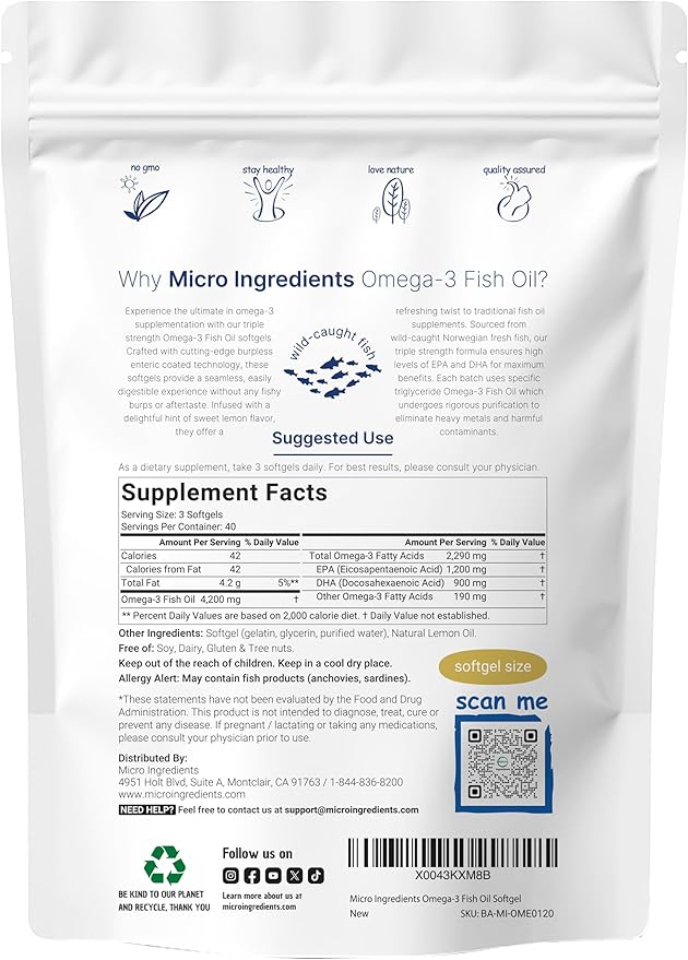 Micro Ingredients Triple Strength Omega 3 Fish Oil Supplements 4200mg Per Serving 120 Softgels – Lemon Flavored – Burpless | EPA 1200mg + DHA 900mg | Deep Sea Fish