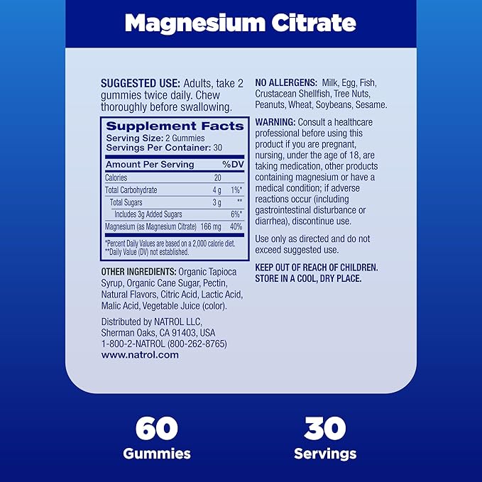 Natrol Magnesium Citrate High Absorption Magnesium Supplement for Mood and Stress Helps Calm The Mind and Relax The Body 60 Raspberry-Flavored Gummies Up to a 30 Day Supply