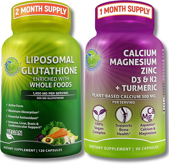 SUPPLEMENTS STUDIO Liposomal Glutathione 500mg Enriched with Organic Whole Foods + Plant-Based Calcium Magnesium Zinc D3 &amp K2 with Turmeric – Vegan Non-GMO Clean Daily Wellness Support