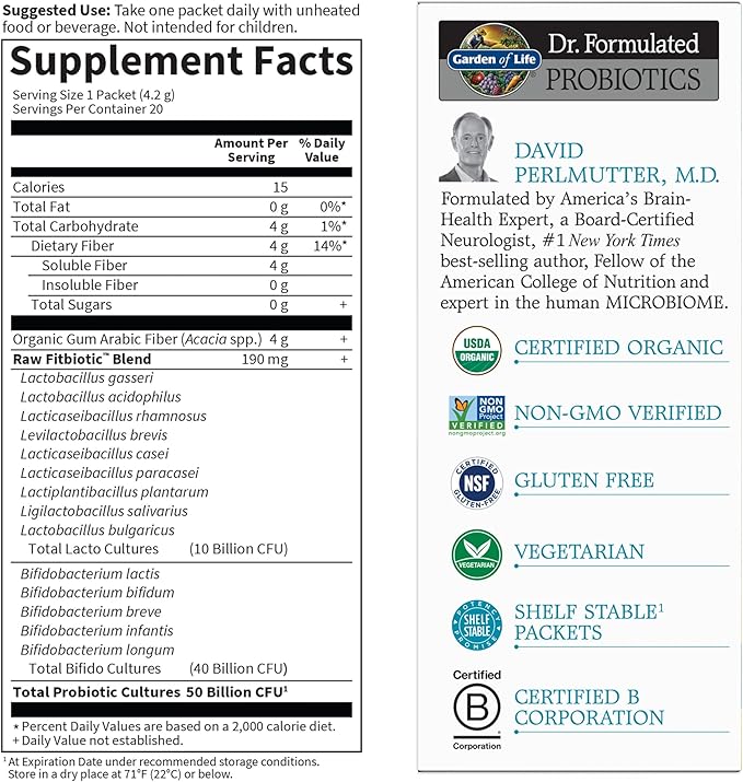 Garden of Life Dr. Formulated Probiotics Fitbiotic Weight Management Powder50 Billion CFU &amp Prebiotic FiberOrganic &amp Non-GMO Digestive Gut Health Probiotic Supplement20 Serving Packets(Pac