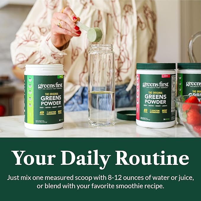 Greens First Original Greens Powder - 49 Superfoods - Organic Fruits &amp Veggies - Prebiotics Probiotics &amp Digestive Enzymes - Antioxidant Smoothie - Dairy Free Vegan &amp Non-GMO (Berry 60