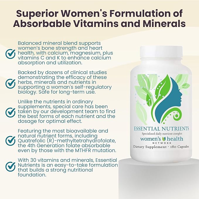 Women's Health Network Essential Nutrients – Daily Multivitamin for Energy Healthy Aging &amp Immune Support Folate as Quatrefolic® a Patented Natural Form of 5-MTHF