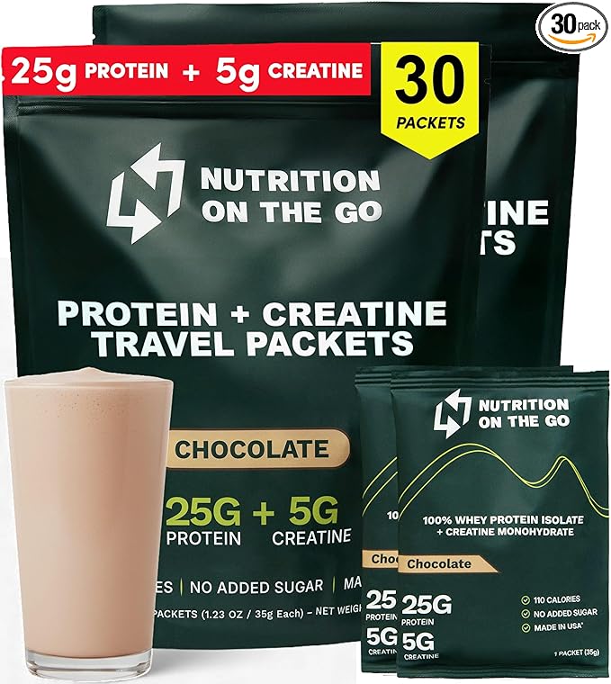 Nutrition On The Go Whey Protein Isolate Packets with Creatine – 25g Protein + 5g Creatine – Single-Serve Travel Protein Powder – Chocolate (30-Pack)