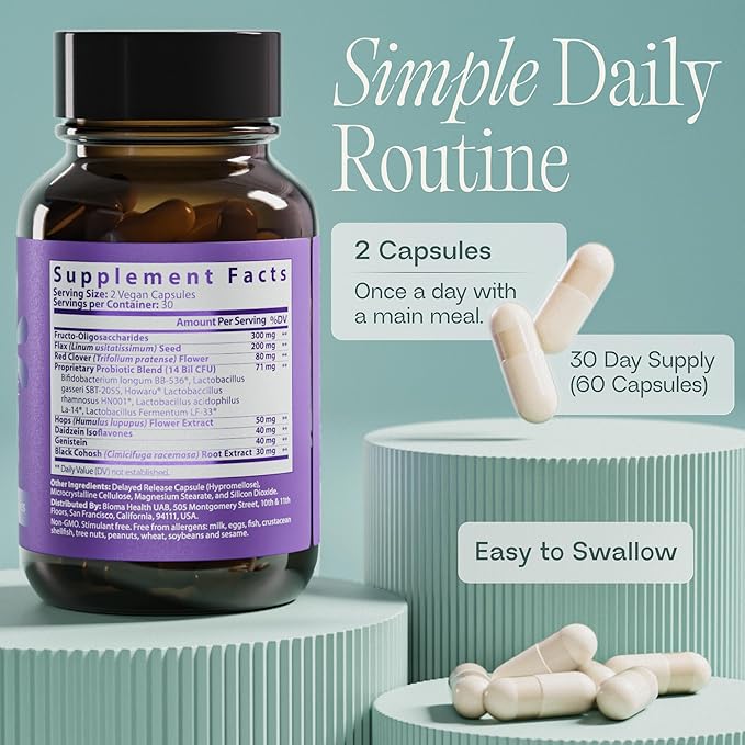 BIOMA Menopause Support Probiotics for Women - Hormone Free Hot Flash &amp Night Sweat Relief - Gut-Hormone Balance with Phytoestrogens BB536 Delayed Release (60 Capsules - 30 Day Supply)