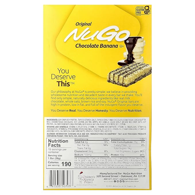 NuGo Nutrition Protein Bars Chocolate Banana 15 Bars 1.76 oz (50 g) Each