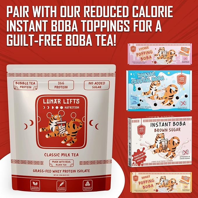 Lunar Lifts Nutrition Classic Milk Tea Boba Protein Powder | Whey Protein Isolate | 26g Grass Fed Whey Protein Powder | No Added Sugar or Artificial Ingredients | Bubble Tea