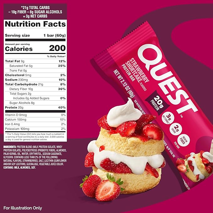 Quest Nutrition Protein Bars Strawberry Shortcake 20g Protein 2g Sugar 3g Net Carbs 10g Fiber Gluten Free 12 Count