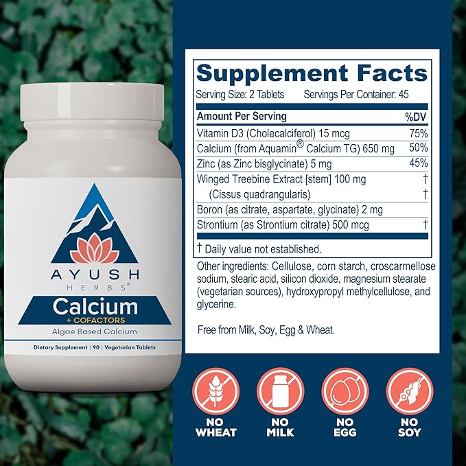 Ayush Herbs Calcium + Cofactors Algae Based Calcium Supports Bone Health &amp Mineralization 90 Vegetarian Tablets