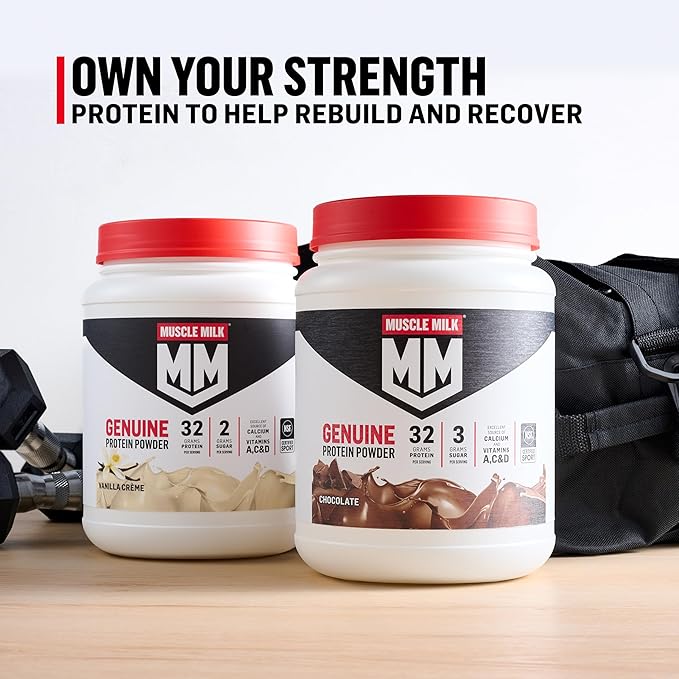 Muscle Milk Genuine Protein Powder Chocolate 4.94 Pound 32 Servings 32g Protein 2g Sugar Calcium Vitamins A C &amp D NSF Certified for Sport Energizing Snack Packaging May Vary