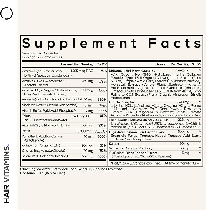 Codeage Hair Vitamins 10000 mcg Biotin Keratin Collagen Vitamin A B12 C D3 E Zinc Turmeric Probiotics Enzymes Inositol - Hair Care Support - Healthy Hair Supplement Pills - 120 Capsules