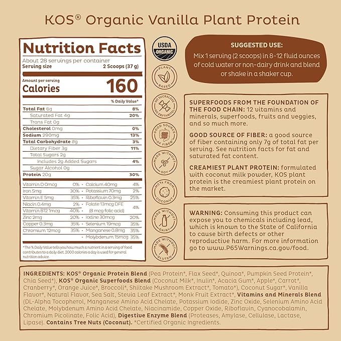 KOS Vegan Protein Powder Erythritol Free Vanilla USDA Organic - Pea Protein Blend Plant Based Superfood Rich in Vitamins &amp Minerals - Keto Dairy Free - Meal Replacement for Women &amp Men 28