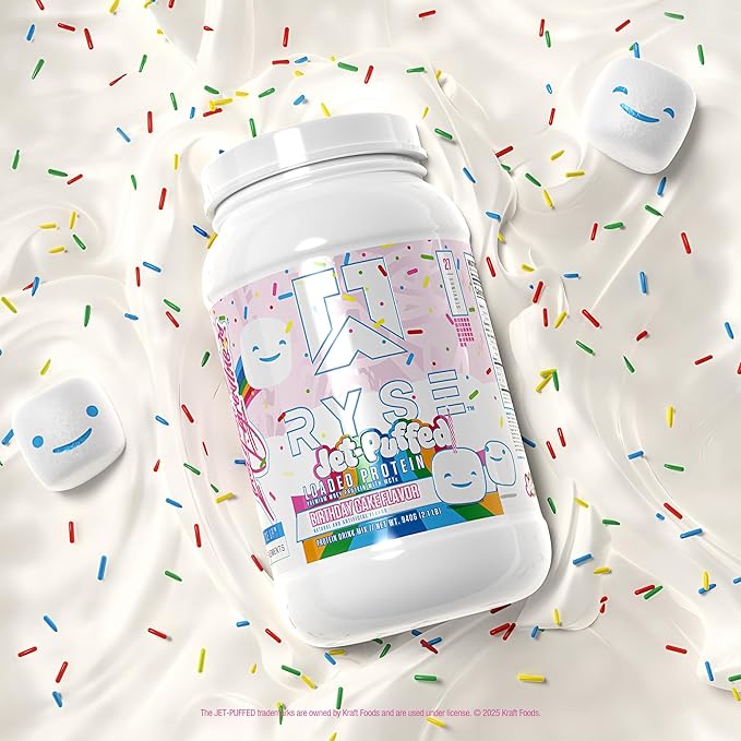 RYSE Loaded Protein Powder - Jet-Puffed Birthday Cake - 25g Whey Protein Isolate &amp Concentrate with Prebiotic Fiber &amp MCTs - Low Carb Low Sugar Digestive-Friendly - 27 Servings / 2 lb Tub