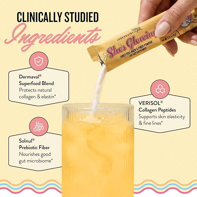 Legendairy Milk Collagen Peptides Powder &amp Prebiotic Fiber for Women Digestive Health Drink Mix Skin Cellulite Fine Lines &amp Regularity Tropical Flavor Supplement She’s Glowing 18 Stick P