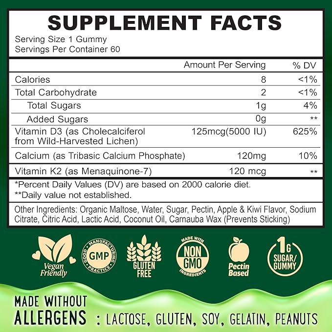 Center-Filled Vitamin D3 K2 &amp Calcium Gummies - Supplement for Healthy Teeth Bone &amp Energy - 5000 IU D3 120 mcg K2(MK-7) 120 mg CA - Vegan &amp Non-GMO - 60 Count