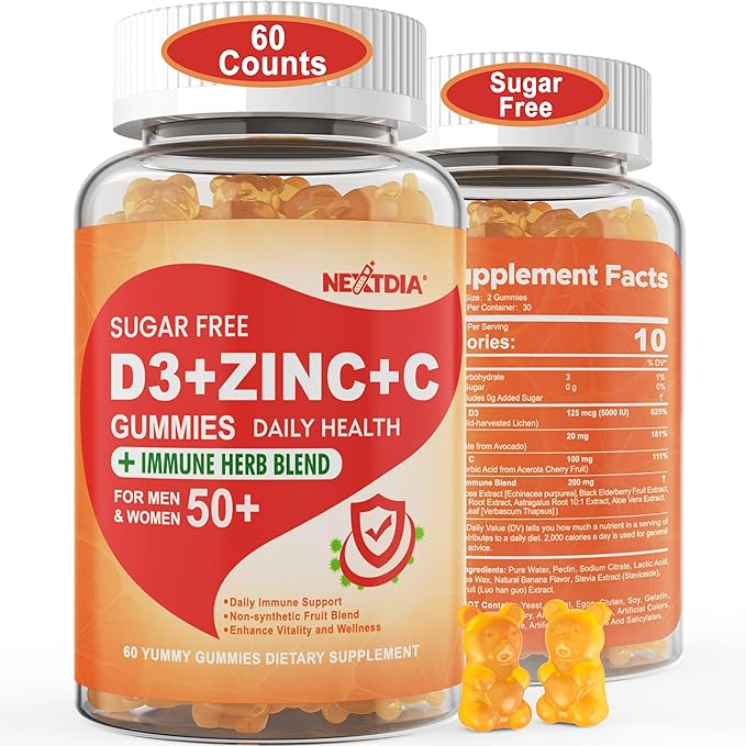 Sugar Free Vitamin C + D3 + Zinc Gummies for Adults 50 + 9 in 1 Immune Defense Supplement with D3 5000IU Elderberry Echinacea Mullein Leaf for Boost Immunity Power Antioxidant Vegan (Pack of 1)