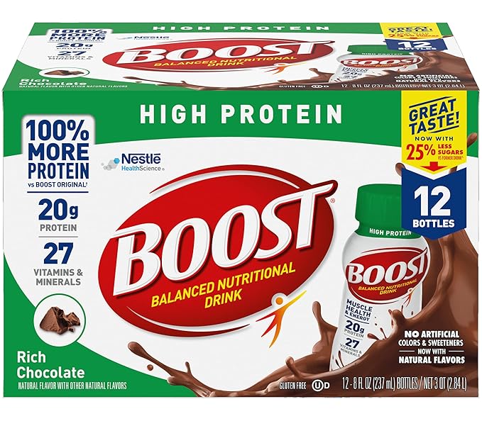 Boost High Protein Balanced Nutritional Drink Rich Chocolate Muscle Health &amp Energy with Protein Vitamins &amp Minerals 25% Less Sugars 8 FL OZ Bottles 12 CT (Pack of 1)