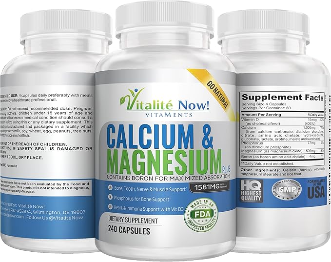 Calcium Magnesium Supplement with Vitamin D - 10 Forms of Calcium 1000mg for Maximum Absorption - Bone Strength Support with Boron and Phosphorus - 240 Capsules - 2 Month Supply