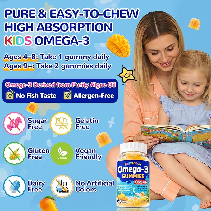 Vegan Omega 3 Gummies for Kids 4+: Natural Omega-3 Fatty Acid Supplement DHA EPA with Vitamin D3 B12 Probiotic Lutein Zinc for Overall Health - No Fish Taste Multivitamin for Kids(60Count)