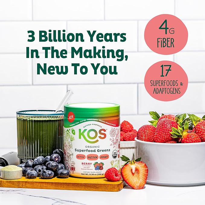 KOS Organic Superfood Greens Powder - Gut Health from Prebiotic Fiber Supergreens and Adaptogens - USDA Certified Organic Made in a GMP Certified Facility - 28 Servings Berry