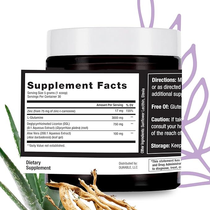 Durable Acid Relief – DGL &amp Aloe Vera – Supports Occasional Heartburn Indigestion &amp Reflux – Gut &amp Digestive Health – Doctor Formulated Vegan Non-GMO Made in USA – Powder 30 Servings