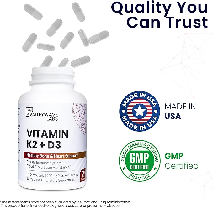 Vitamin D3 K2 Capsules - 2-in-1 Vitamin K2 MK7 100 mcg + VIT D3 5000 IU (125 mcg) Dietary Supplement for Supporting Bone Teeth Muscle and Immune Health Support* 60 Count