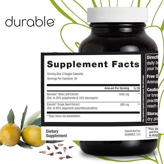 Durable Blood Pressure – Benolea Olive Leaf &amp Enovita Grape Seed Extract – Healthy Circulation Nitric Oxide &amp Artery Support – Doctor Formulated Vegan Non-GMO Made in USA (180 Capsules)