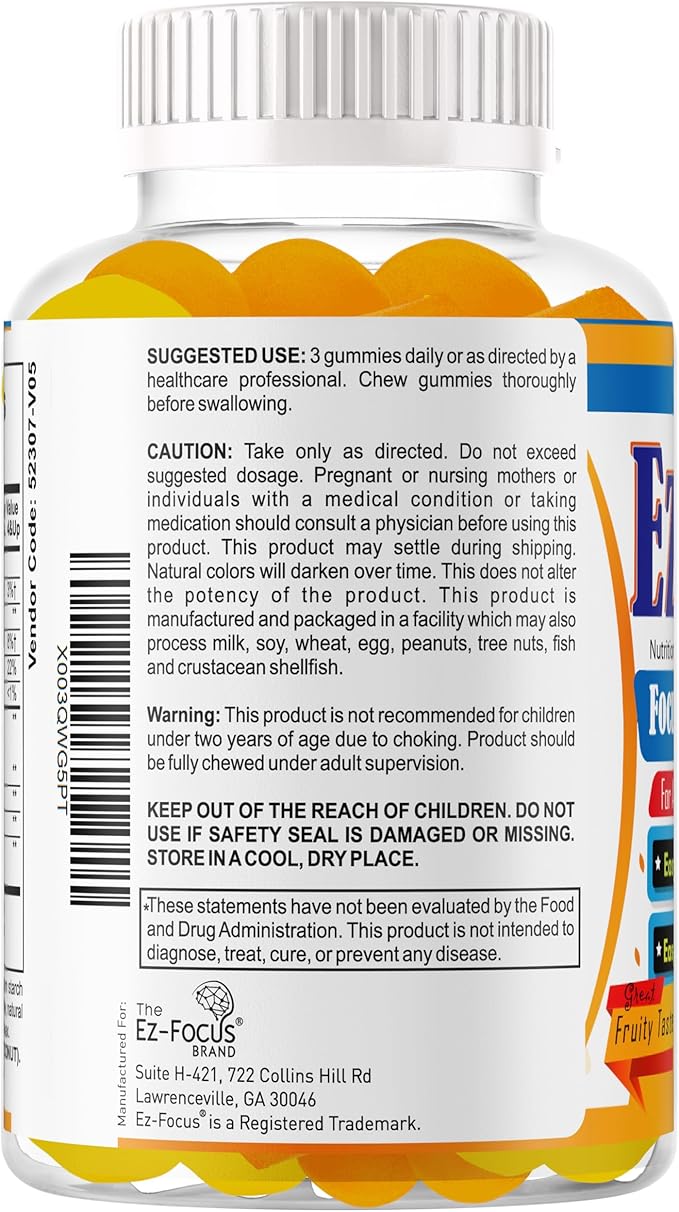 Plus Brain Booster Omega 3 Kids Focus and Attention Supplements for Cognitive Health Support Memory Mental Clarity Concentration for Children and Teens - Fruity Flavor Vitamins 60 Count