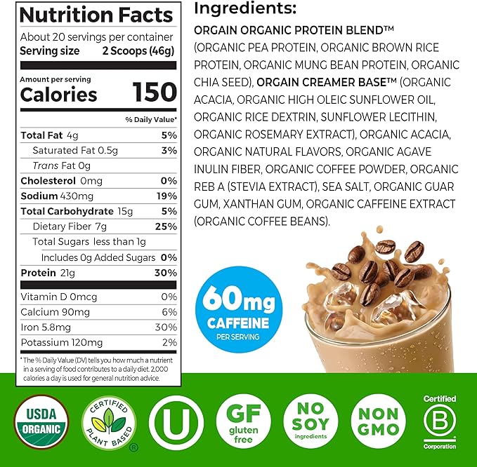 Orgain Organic Vegan Protein Powder Iced Coffee - 21g Plant Protein 60mg of Caffeine Low Net Carb No Lactose Ingredients No Added Sugar Non-GMO For Shakes &amp Smoothies 2.03 lb