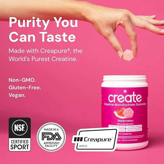 Create Creatine Monohydrate Gummies for Men &amp Women Boost Focus Strength and Endurance Anti-Melting Formula Vegan Gluten-Free Non-GMO 1.5g of Creatine per Gummy (Watermelon)