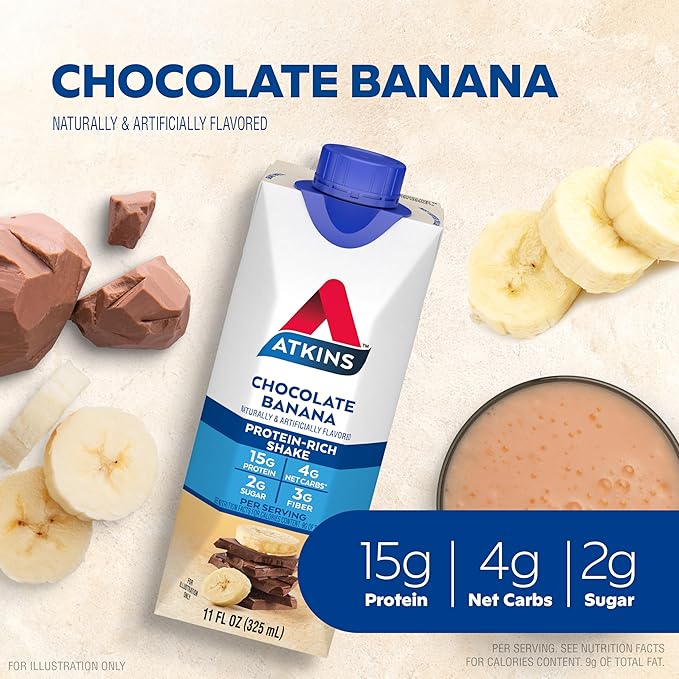 Atkins Vanilla Cream Meal Size Protein Shake 23g Protein &amp Chocolate Banana Protein Shake 15g Protein Low Glycemic 4g Net Carb 2g Sugar Keto Friendly 12 Count