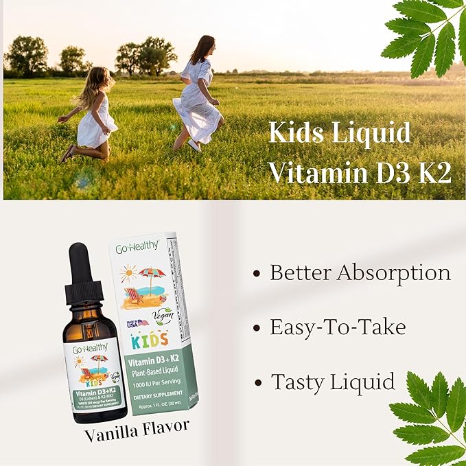 Go Healthy Kids Vitamins D3 K2 (MK-7) Child Vitamin D Liquid Vegan D3 K2 Drops for Kids Sugar-Free Easy-to-Absorb Children's Growth &amp Immune Support Vanilla Flavor - 30 Servings