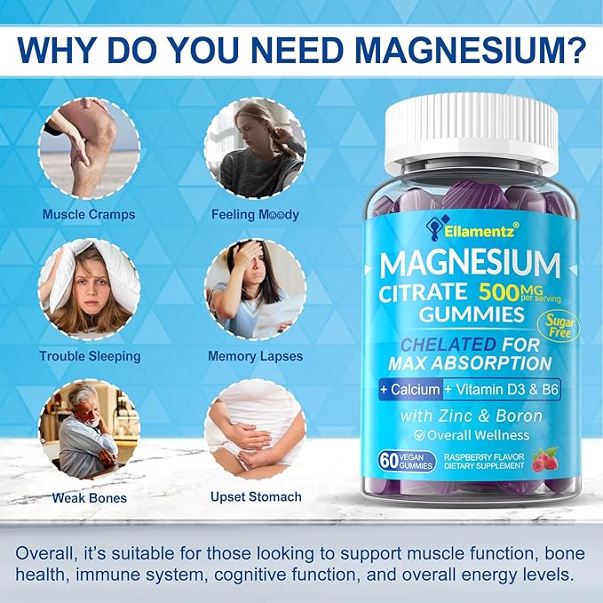 Sugar Free Magnesium Citrate Gummies 500mg for Women Men Chelated Magnesium Supplement with B6 for Constipation | Calm Magnesium Gummies for Mood | Calcium Magnesium Zinc D3 Gummy for Bone &amp Musc
