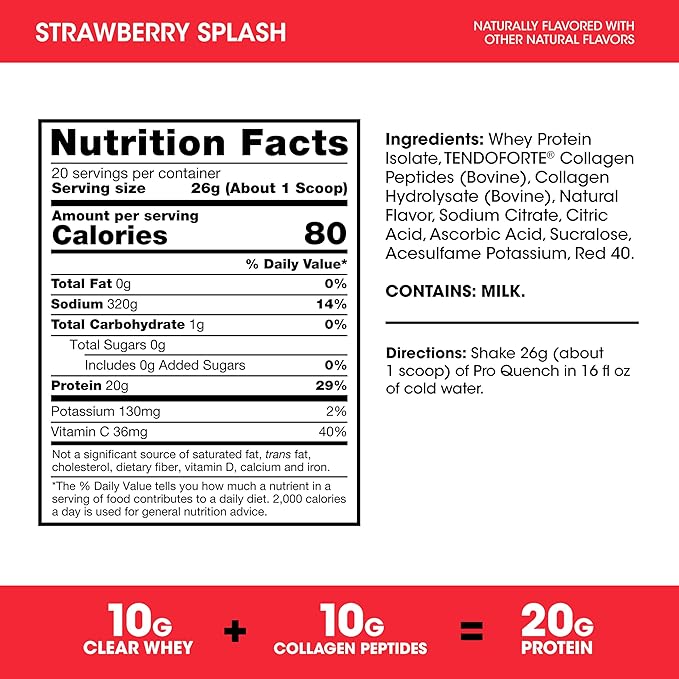 Optimum Nutrition Pro Quench 10g Clear Protein 10g Collagen peptides &amp Electrolyte Powder Drink Mix Strawberry 20 Servings 520 Grams (Packaging May Vary)
