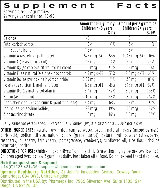 Igennus Methylated Kids Multivitamin Gummy MTHFR No Artificial Sweeteners or Flavors Sugar Free Age 4+ 90 Natural Berry Flavor Gummies from Fruit Powder Non-GMO Halal Clean Label x6