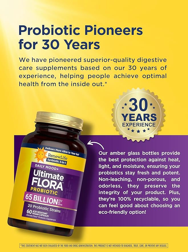Renew Life Ultimate Flora Probiotics Daily Mood Support 65 Billion CFU Delayed Release Vegan Capsules with Ashwagandha | Digestive Health | Immune Health | Dairy Free | 60 Count