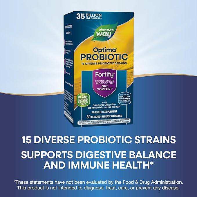 Nature's Way Fortify Optima Probiotic for Adults 35 Billion Live Cultures 15 Strains Supports Digestive Balance and Immune Health* No Refrigeration Required 30 Capsules (Packaging May Vary)