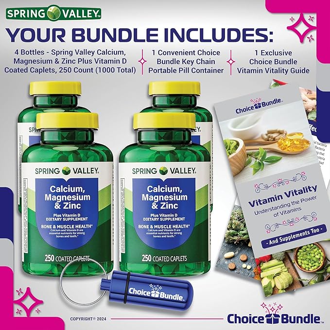 Spring Valley Calcium Magnesium &amp Zinc Plus Vitamin D Coated Caplets 250 Ct 4 pk (1000 Total) + Vitamin Vitality &amp Pill Container (6 Items)!