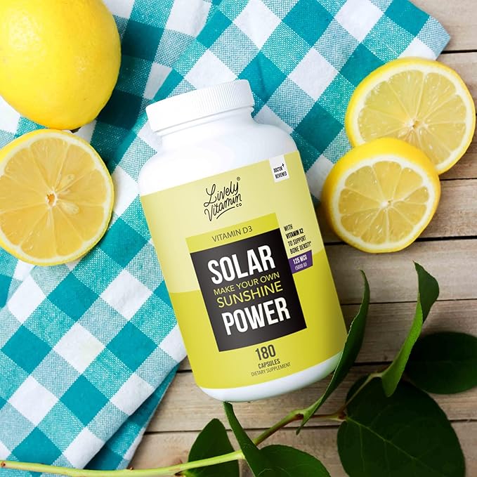 LIVELY VITAMIN CO. Solar Power Vitamin D3 5000 iu - Patented Vitamin K - MK7 - Immune Balance - Brain Function - Mood - Heart - Stress - 60 Count