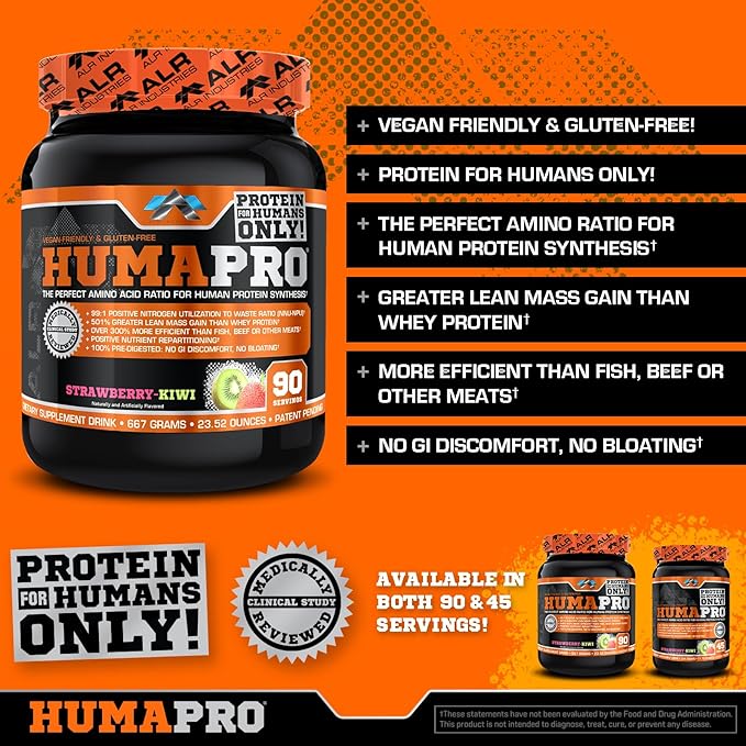 Humapro | Amino Acids Protein Matrix for Humans | 99% Utilization for Lean Muscle | Vegan Gluten Free | 667g / 90 Servings (Strawberry Kiwi)