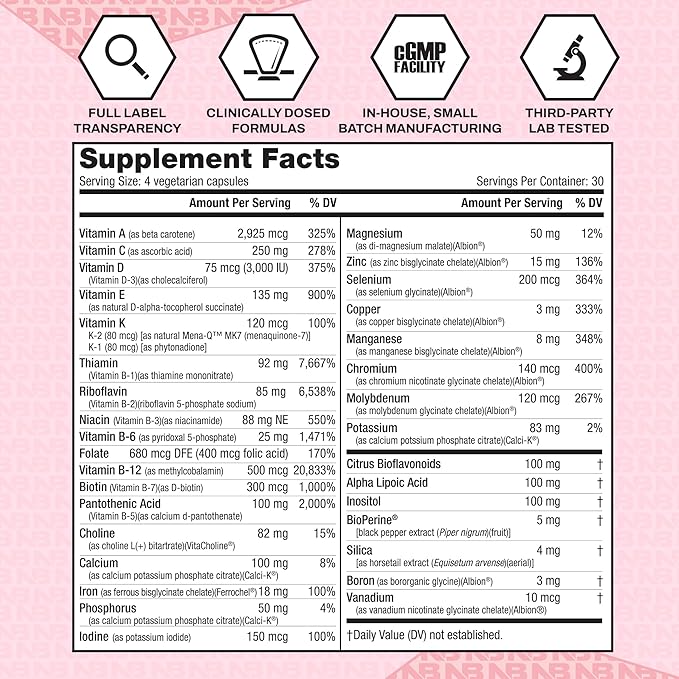 NutraBio Multisport for Women - Womens MultiVitamin - 33 Vitamins Minerals Micronutrients - Rich in Antioxidants - Supports Peak Athletic Performance Energy Metabolism (120 Vegetable Capsules)