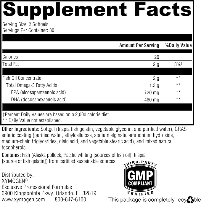 XYMOGEN OmegaPure 600 EC - Cardiovascular &amp Brain Support - IFOS Five-Star Certified Fish Oil - DHA EPA Omega-3 Supplement - Enteric Coated Softgels - 60 Softgel Tablets