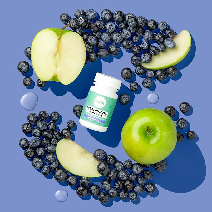 Wink Well Prebiotics and Probiotics Immune System Booster Dietary Supplement for Digestive Health Bloating Relief and Support- for Kids and Adults (Huckleberry Flavor 30 Melts)
