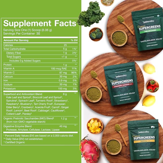Paleovalley Organic Supergreens Powder - 23 Superfoods with Prebiotic Fiber for Energy and Immunity Support - No Cereal Grasses for Maximum Absorption - Pure Unflavored 30 Servings