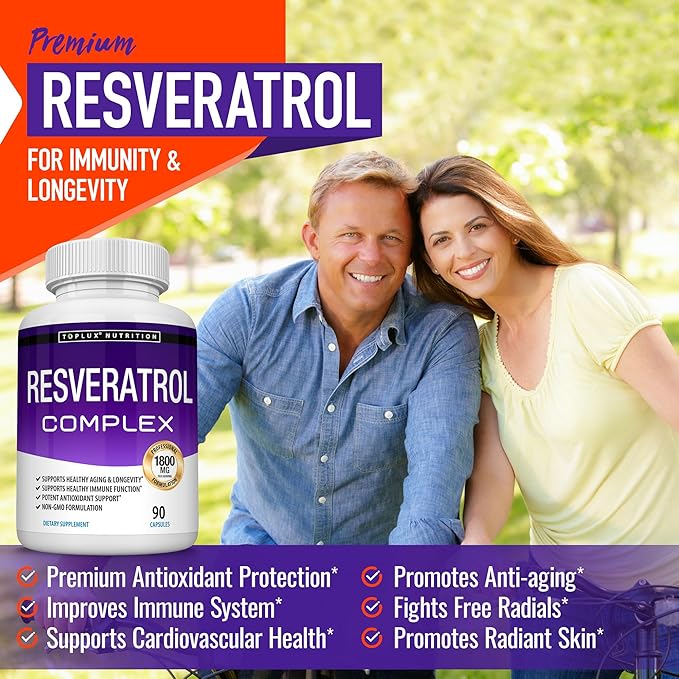 Resveratrol Supplement 1800 mg Antioxidant Complex - Highly Potent Natural Trans-Resveratrol Pills for Healthy Aging Overall Health Support Immune System Brain Function for Men Women 90 Capsules