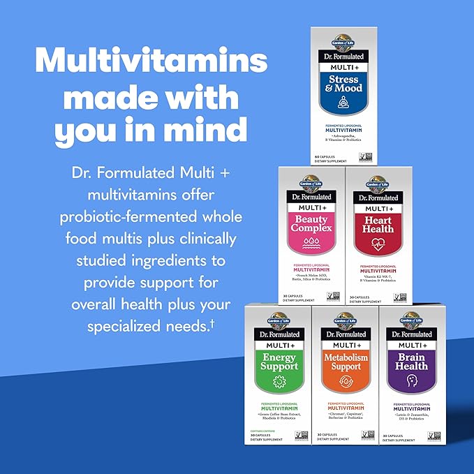 Garden of Life Dr. Formulated Multi+ Stress &amp Mood Fermented Liposomal Multivitamin + Ashwagandha B Vitamins &amp Probiotics - 60 Capsules Whole Food Vitamin &amp Mineral Supplement