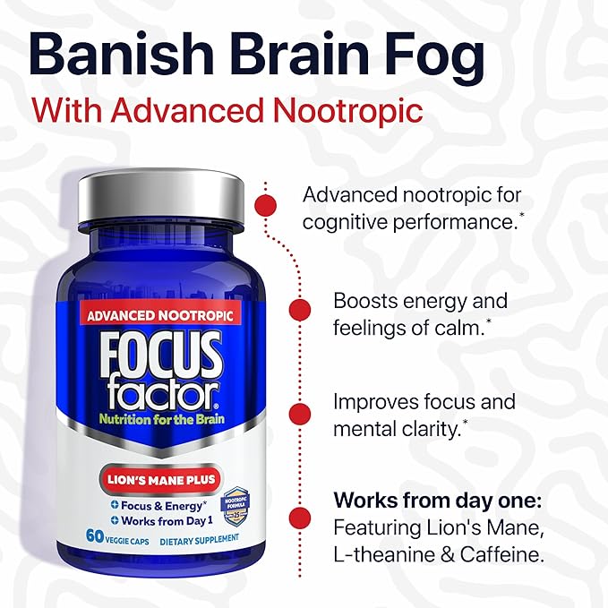 Focus Factor Lions Mane Plus Advanced Nootropic with L-Theanine Caffeine Focus and Energy (60 Count)