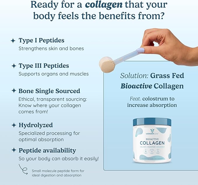 WONDERCOW Collagen Peptides Powder w/Bovine Colostrum Naturally-Sourced Hydrolyzed Bone Collagen Powder Hair Skin Nail &amp Joint SupportType I &amp III Grass-Fed Collagen Supplements for Women &