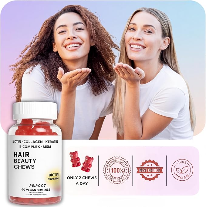 RE:ROOT Hair Growth Gummies – 5000 mcg Biotin with Collagen Keratin &amp MSM – Hair Skin &amp Nails Support – 60 Berry Gummies